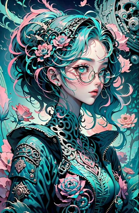 official art, unity 8k wallpaper, ultra detailed, beautiful and aesthetic, masterpiece, best quality, (zentangle, mandala, tangle, entangle), (fractal art:1.3) , cyberpunk female woman wearing (Rose Quartz Pink Denim Jacket with chromatic accents:1.1), sle...