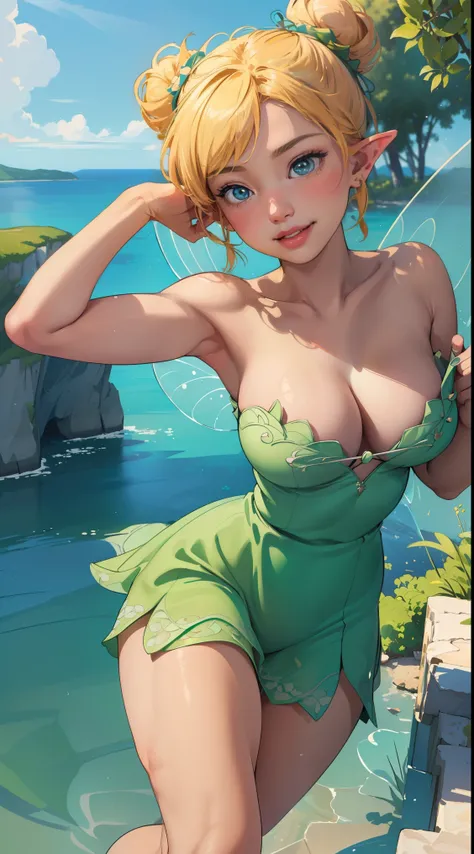 (Ding Kuafu:1), Smile, Lovely big breasts, Cute pose, Looking at the audience, Thick thighs, single bun, Pointed ears，Short hair details, (Green bandeau dress:1), (Fairy Wings), sit, (Breast focus:1.2), From above, 
(Practical:1.2), (Endless Realism), (mas...