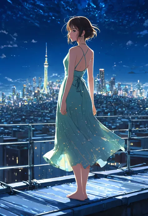 Anime girl in a long dress standing on a rooftop with a city in the background, concept art inspired by Makoto Shinkai, Topics on pixiv, magical realism, Space Sky. by Makoto Shinkai, Makoto Shinkai cyril rolando, Makoto Shinkai!, in style of Makoto Shinka...