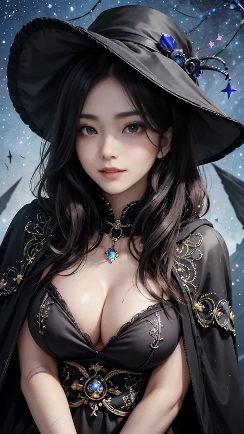 (Fatal Beauty,A charming villain,witch) ,(A supple and powerful physique),(Sensual charm),(Mysterious charm:1.1),(Captivating silhouette),((((Wicked Smile))))、((((big sapphire necklace))))、(highest quality,High resolution:1.2),(dark,Threatening:1.1),((dark...