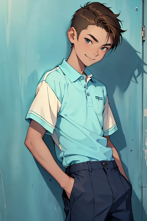 slim teenage boy , 12 years old, with pushed back dirty darl brown short hair, dressing a perfect pastel baby blue polo shirt and bege pants, a small boy, with a evil smile
