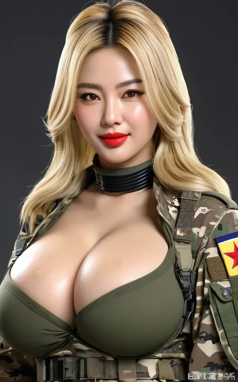 (((Hyper Real)))、超未来的なFemale Soldier、陸軍Female Soldier、Beautiful woman　High resolution　Realistic　Blonde woman、Mature Woman、(((Big big boobs)))、Fine skin、超High resolution、Realistic、Plump figure、smile、中年Beautiful woman、Beautiful expression 、Beautiful brown ey...