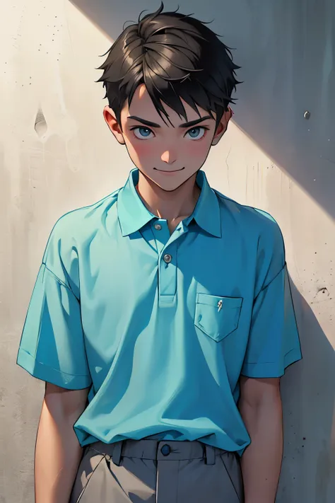 slim teenage boy , 12 years old, with pushed back dirty black short hair, dressing a perfect pastel baby blue polo shirt and bege pants, a small boy, with a evil smile
