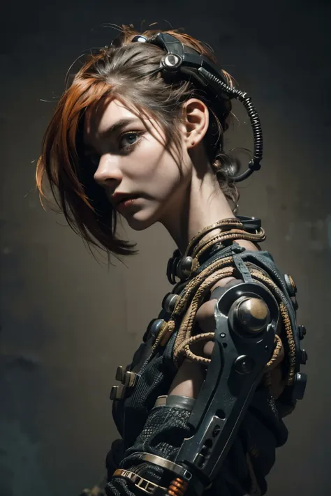 a highly detailed and realistic skull girl,( anya. taylor joy) cyberpunk character, mad max furiosa, one hand robot, cyborg arm,...