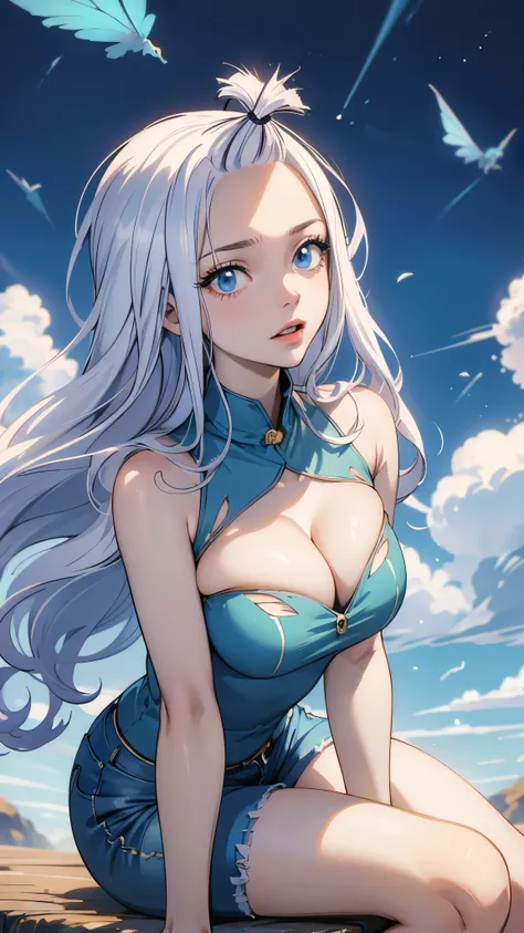 (best quality,highres:1.2),ultra-detailed,realistic,photorealistic:1.37,a beautiful girl (Mirajane Strauss from Fairy Tail) model in a pop style,18 years old,long legs,medium breasts,extremely detailed face (with emphasis on azure eyes),Her red-colored hai...