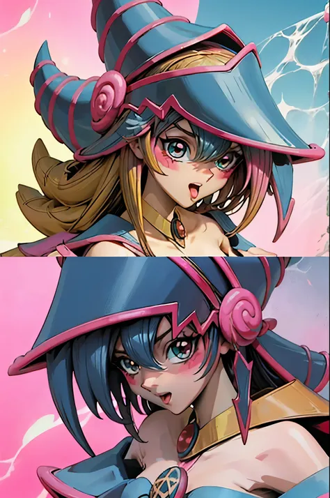 Hermoso rostro de dark magician gils, ojos azules. Labios rosados. Cabello rubio y largo. Ombros descubiertos, sonrisa angelical, hermoso rostro bien detallados de dark magician gils.