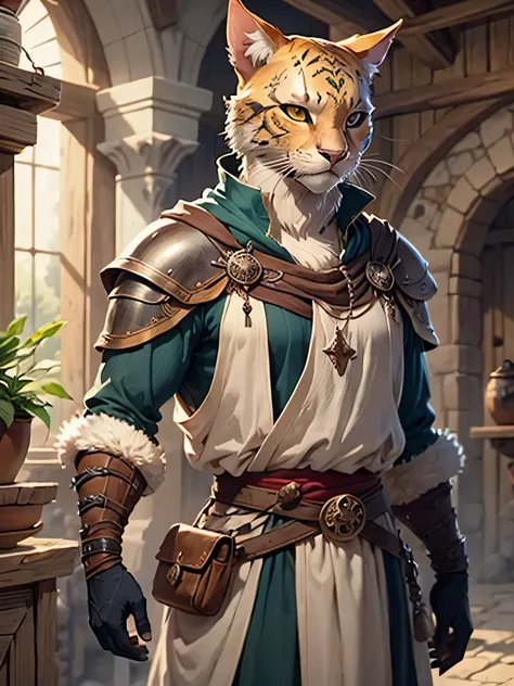 a male khajiit from the world of skyrin, they possess medieval clothing, are in possession of action