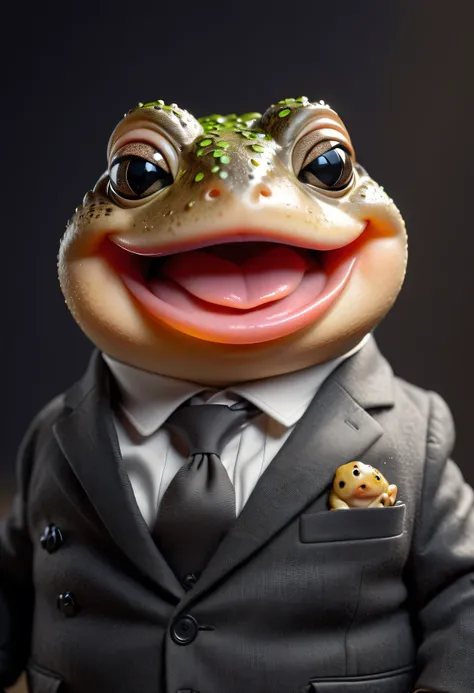 face close up photo of anthropomorphic fat baby toad,(), dressed in a dark gray suit, (sticking out tongue:1.5),(happy smile:1.5),(playful:1.2), soft lighting, Cinematic, hdr, primitive, Intricate, High quality, smoothing tones, Intricate details, Low cont...