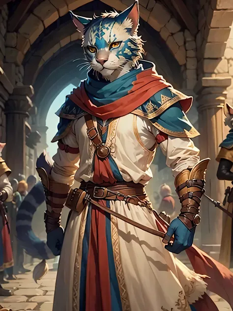 a male khajiit from the world of skyrin, they possess medieval clothing, are in possession of action