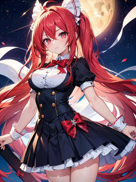 (masterpiece, best quality), 1girl, beautiful face,   rias_gremory, long hair, ahoge, hair between eyes, , pleated skirt