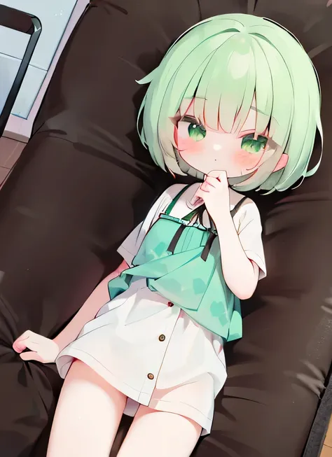 loli, Green eyes, Big thighs, hair, short hair, cute eyes, cute, cold blouse, long blouse, bare legs,