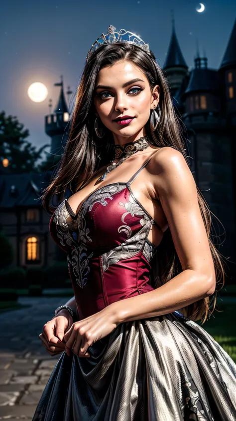 ((best quality: 1.5, intricate:1.3, masterpiece, photorealistic:1.4)), sharp focus, professional, real life, realistic representation of the face, ((detailed, athletic, suntan, ((((maroon) silver chinoiserie renaissance ball gown, portrait)), queen, black ...