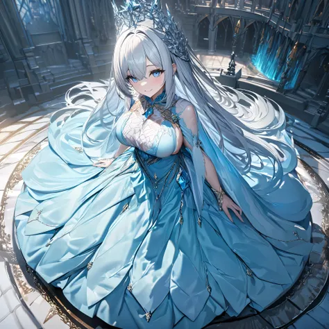 a woman in an ice blue dress, white hair, long hair, bangs in the eye, smiling, big boobs ice blue heels, ice blue eyes, walking...