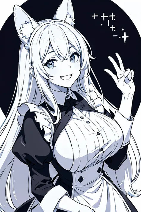 monochrome, a girl, delightful, laughing, cheerful grin,  Long white hair, big animal-like ears, Open-chested maid uniform, glad, smiling, beautiful breasts, Look at the camera, white background, no background, line art, simple line drawing