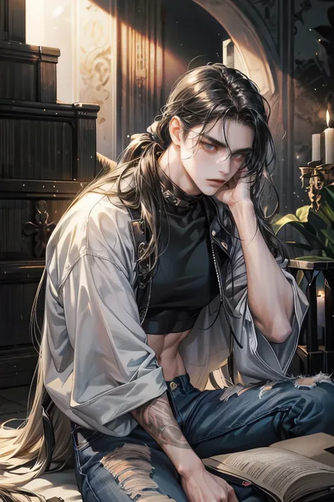 One man, handsome, angelic, very long hair, black hair, high pony tail hairstyle, messy hair, tight crop top, waisted ripped jeans, very dark atmosphere, little bit of sunlight, depressed, expressionless, gray eyes, manly, muscular 