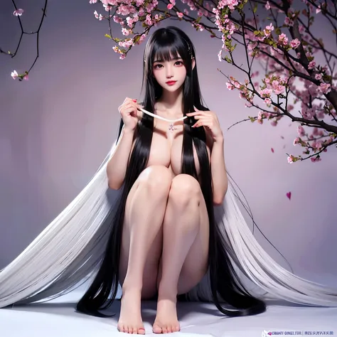 (Best image quality、highest quality、Highest Resolution、Ultra-realistic photos、Full body photo、masterpiece、16ｋ、）A beautiful woman with black hair longer than her height。Alone in a glittering hall。White underwear or nude。so much hair。Brush your hair back。Hai...