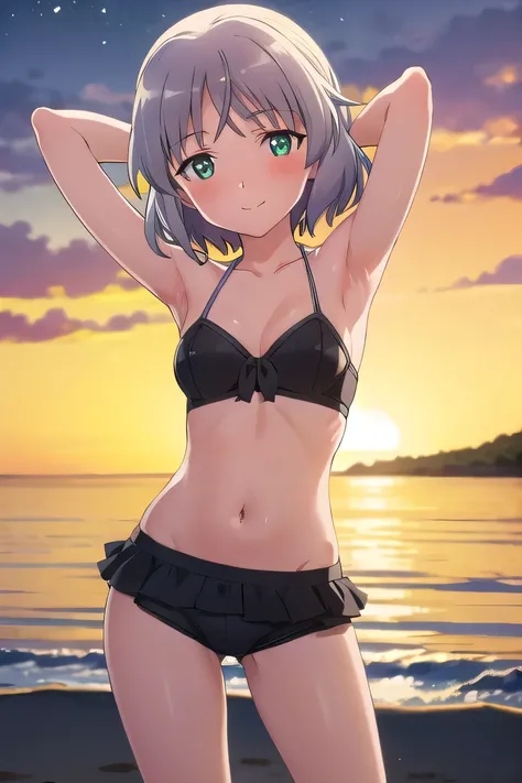 solo, 1girl, looking at viewer, 2D, anime, anime coloring, high quality, solo, night sky, beach, arms behind head, contrapposto, closed mouth, spread armpits, (cowboy shot:1.5), looking at viewer, smile, best quality, sanya v. litvyak, black bikini, white ...