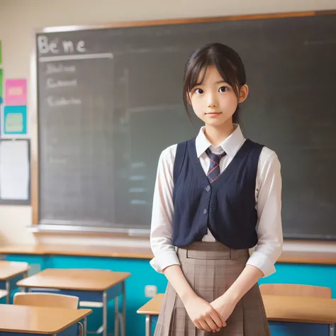 A young teacher stands in front of a blackboard