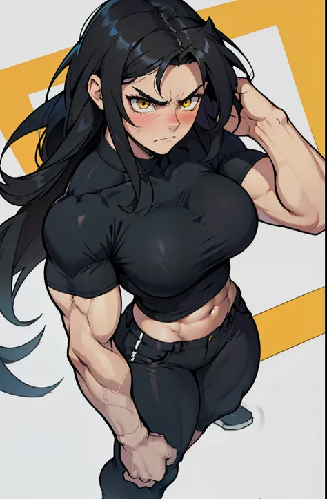 1girl, extremely long hair, solo, ((muscular)), veins, black hair, yellow eyes, blushing, thick thighs, pale skin, strong, veins, abs, big thighs, huge breasts, navel, angry, tight pants, tight shirt from above