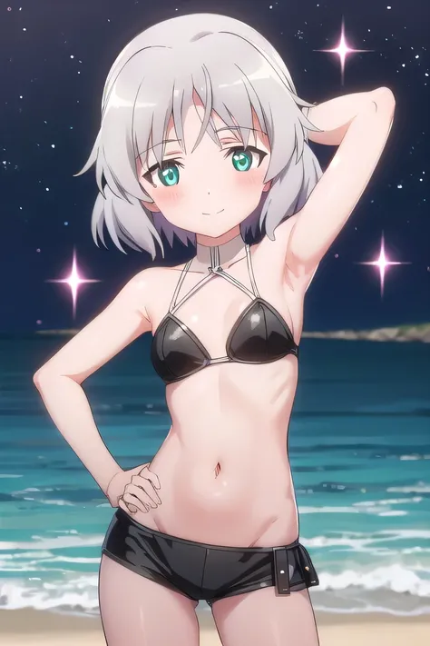 solo, 1girl, looking at viewer, 2D, anime, anime coloring, high quality, solo, night sky, beach, arm behind head,  hand on hip, contrapposto, closed mouth, spread armpits, (cowboy shot:1.5), looking at viewer, smile, best quality, sanya v. litvyak, black b...