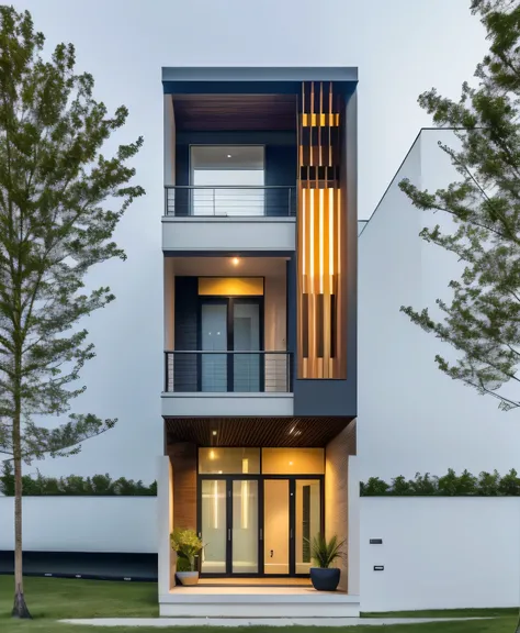 1 morden house, cofe space:1.4, main material by white wall and wood, large yard, 1 road runs in front of the house, (RAW photo, real, best quality, masterpiece:1.2), look morden minimalist, 1 road in front of the house, shime ring light, light brightenes...