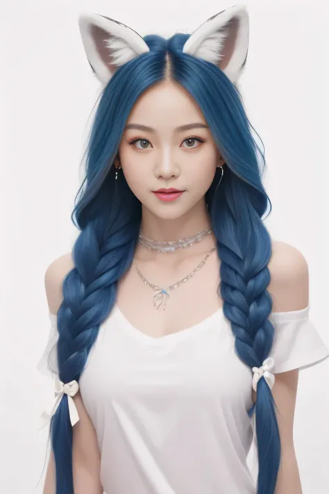 masterpiece, best quality, high resolution, (White background: 1.4), [flash], [Looking at the audience, portrait, 1 sweet chinese girl], (long hair, Blue Hair, Wavy curls, Colorful twisted braids: 1.3, Furry fox ears, Air bangs), White off-shoulder short s...