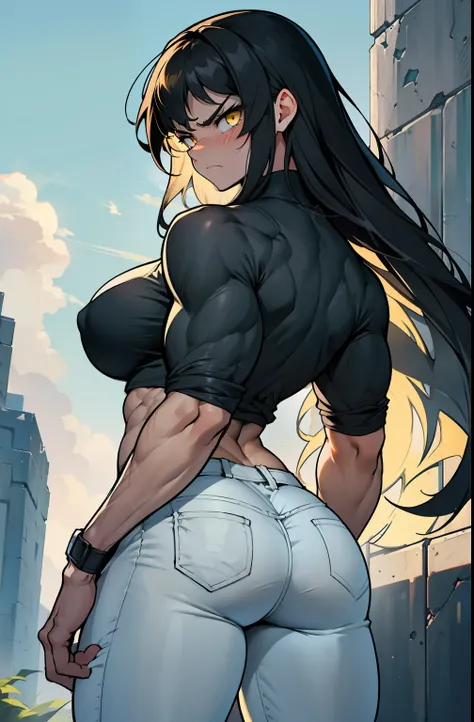 1girl, extremely long hair, solo, ((muscular)), veins, black hair, yellow eyes, blushing, thick thighs, pale skin, strong, veins, abs, big thighs, huge breasts, navel, angry, tight pants, tight shirt from behind big ass