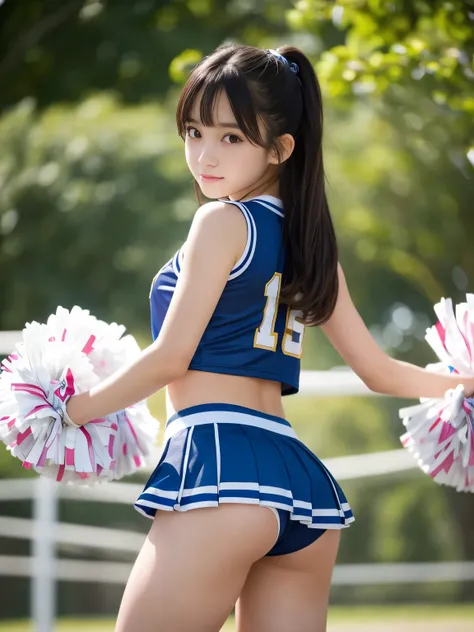 (Best-quality, Masterpiece, Ultra-High-Resolution, (Photorealistic:1.4), Raw Photo, depth of field, professional lighting, perfect anatomy, extremely details), 1girl, 15-years-old, the most famous Japanese idol, wearing cheerleading sleeveless-uniform, (up...