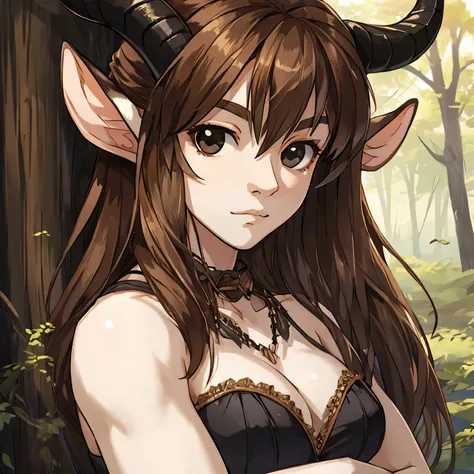 Satyr, female, pale skin, black fur, brown hair, black eyes, straight horns,