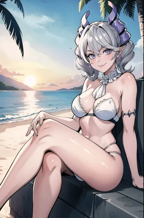 　High level image quality　best image quality　8K　 adult woman  beach  sunset　palm trees   whole body view　portrait　black bikini   　horn    ears  　short hair（（shortcut）（gray hair）（perm）（fluffy））　eye color is blue , pure classy pink sunglasses , 　attractive e...