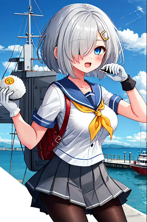 best quality, masterpiece, highres, solo, {hamakaze_kantaicollection:0.90}, 1girl, loli,younger_teen,black_pantyhose, pleated_skirt, serafuku, short_sleeves, simple_background, white_background, yellow_neckerchief, white_gloves, looking_at_viewer, grey_ski...