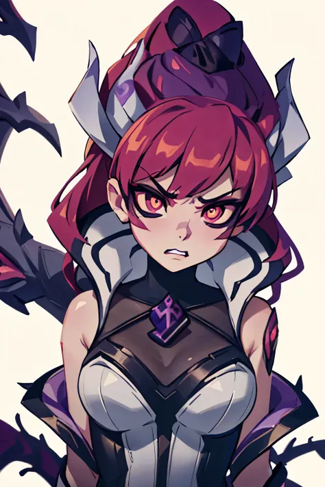 Zyra - Pesadelo da Cidade do Crime - League of Legends, High definition, adesivos de blush, olhos vermelhos, lilac hair, pupilas dilatadas, reflexo do olho, alto detalhe, profundidade de campo, UHigh definition, retina, Obra de arte, preciso, Anatomicament...