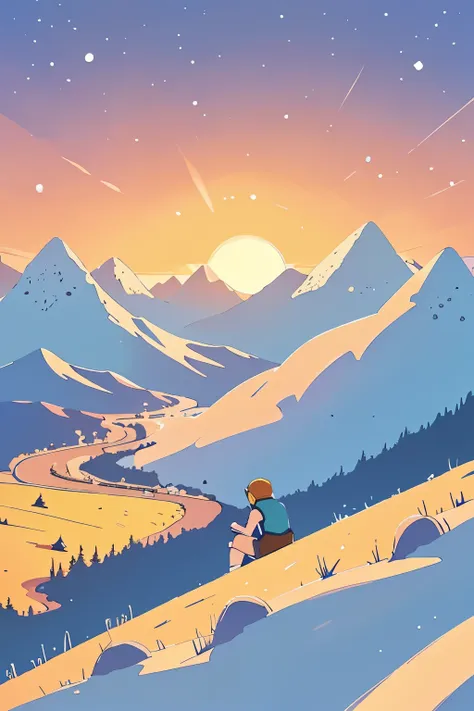 in this whimsical, cartoon-style scene reminiscent of "adventure time," a teenager is seated on a hill, the focus entirely on th...