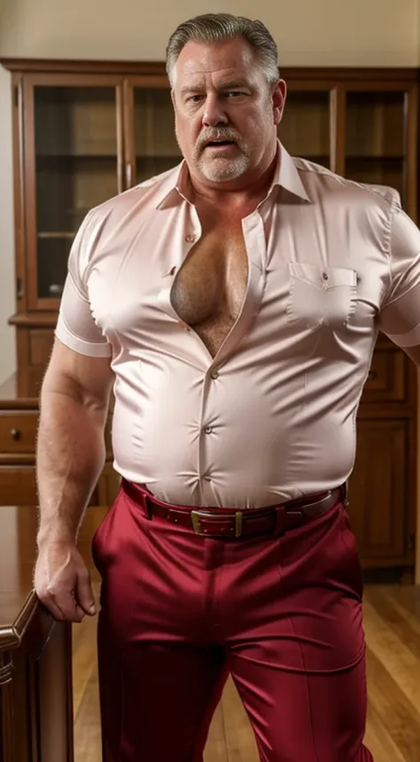 (best quality,4k,8k,highres,masterpiece:1.2), age 60, white man sheriff , horny disgusting, muscular chubby, kind, open red silk shirt, mature daddy, Dress Pants with big bulge, hairy chest hard nipple, belt, loafer,