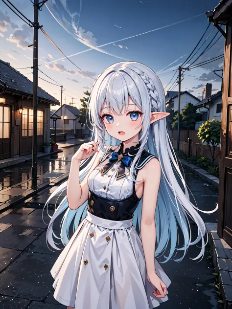 ((Masterpiece, best quality, high quality, very detailed CG uniform 8k wallpaper, very detailed, very detailed background)), outdoor, evening sky, sunset, sunlight, detailed eyes, shiny hair, shiny skin, ((1girl)), ((elf, long white hair, hair in braids, h...