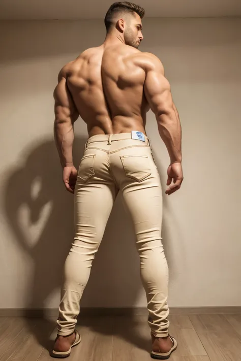 Beautiful  man 30 years old,  muscular body, full body , barba rala, mas seu rosto esta iluminado pela fogueira. ((Beige Jeans shorts)) ((backside)) 