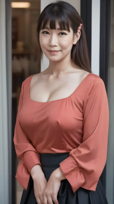 ((highest quality)), ((8K)), ((masterpiece:1.3)), (Perfect look), (Photorealism:1.6), (A walking Japanese mature woman), (Woman window shopping), Blurred Background, Japanese Mature, 62 years old, ((Realistic skin texture)), (Fine wrinkles all over the ski...