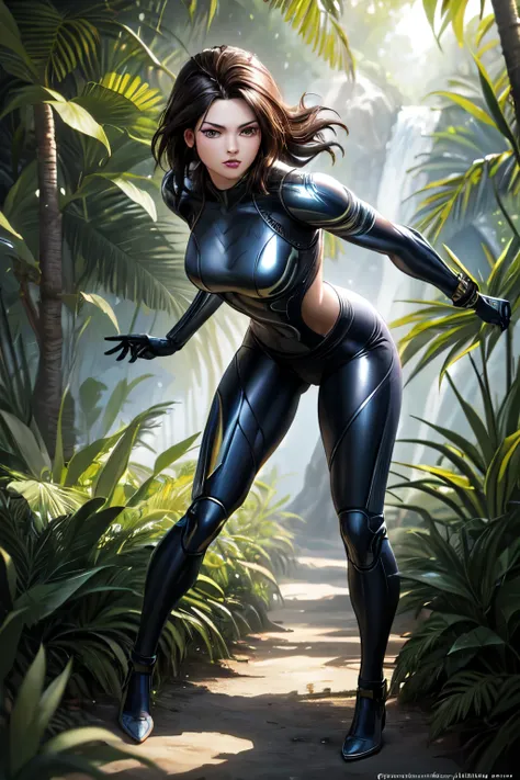 ((highest quality)), ((masterpiece)), (detailed), (realistic), black male with medium afro hairstyle, chromed suit similar to Alita Battle Angel, (jungle:1.3), dense foliage, exotic plants, dappled sunlight, (hyperrealistic:1.2), splash art, (west studio i...