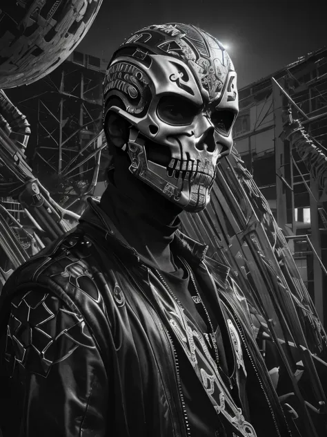 a teenage fashion model wearing an exo-skeleton mask, vibrant colors, futuristic cyberpunk style, intricate details, cinematic l...