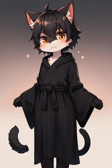 kemoshota, naked baggy one-pieced black robe, bloom, black cat as a familiar