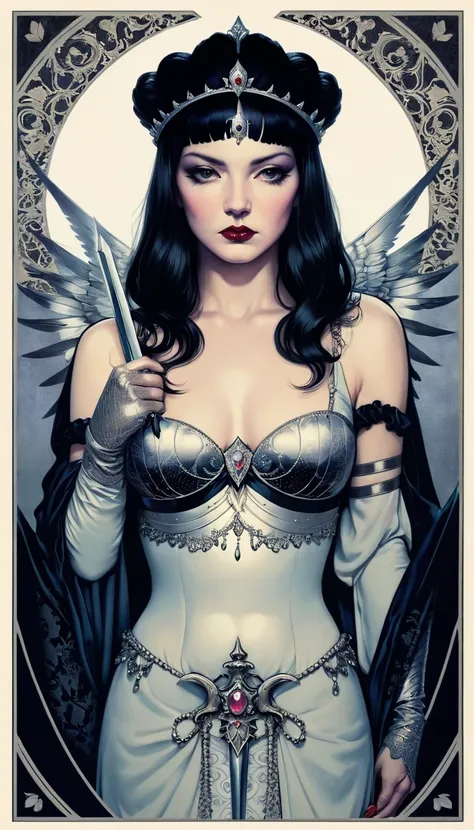 tarot card, chiaroscuro technique on sensual illustration of an queen of sword, Piercing Gaze, vintage queen, eerie, matte painting, by Hannah Dale, by Harumi Hironaka, extremely soft colors, hint of silver, highly detailed, digital artwork, high contrast,...