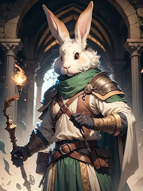 a rabbit man in medieval clothes, from the world of d&d, heregon, he is in an action possession