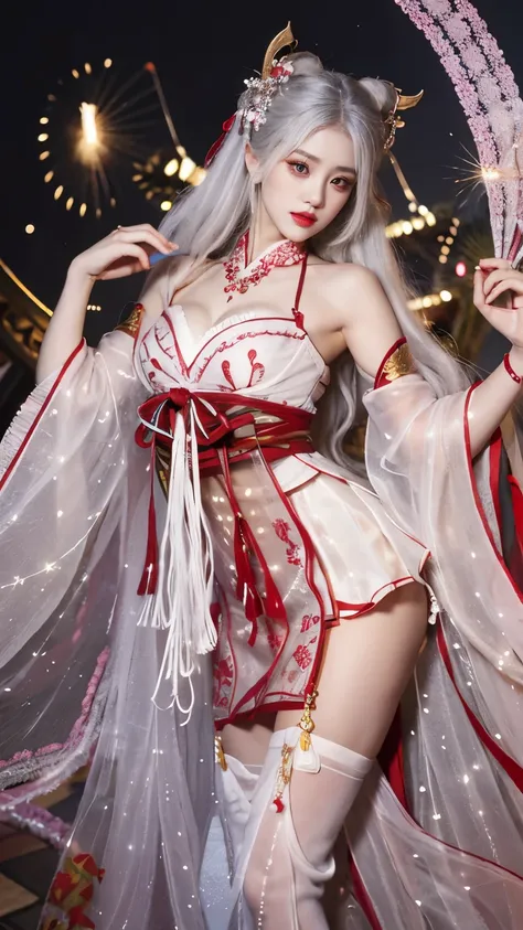 1girl,silver hair,japanese clothes,white thighhighs,detached sleeves, hair ornament, ((full body)), red lips, mature woman, exqu...