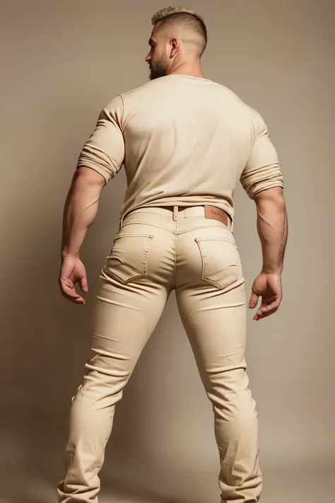 Beautiful man 30 years old, muscular full body, barba rala, mas seu rosto esta iluminado pela fogueira. (((Beige Jeans))) (((Backside))) (((Big butt)))