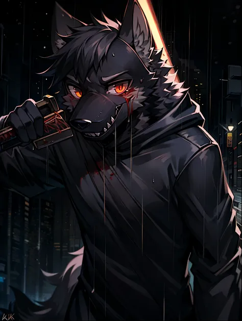 4k，excellent work，raining background，street，street lights，a wolf，wearing a black trench coat，wearing a black mask，with a long kn...