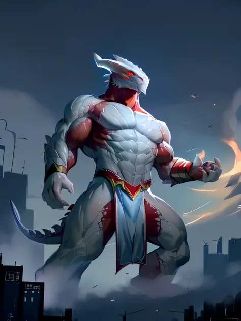 (full body), thedarkurge, dragonborn \(dnd\), white body, red eyes, male, muscular, loincloth, dark, tail, by lindong, by null-g...