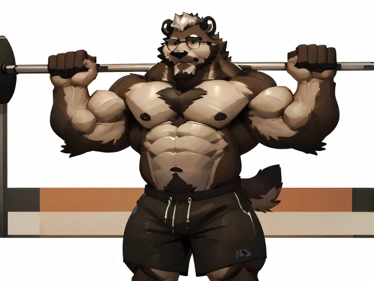 solo, 1boy, Huge Muscular Old Grizzly Bear wearing glasses , pectoral, huge pectoral, wide pectoral, short white hair, short pants and shirtless topless, bearded, Mustache, simple background, masterpiece, high detailed, 8k, high resolution, at the gym, fle...