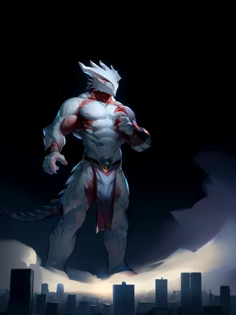 (full body), thedarkurge, dragonborn \(dnd\), white body, red eyes, male, muscular, loincloth, dark, tail, by lindong, by null-g...