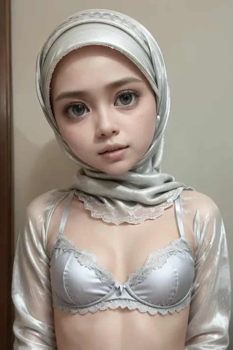 ((EYES WIDE )), ((OPEN BIG HUGE EYES)), ((FULL LACE)), Very Thin body (Wearing Bra Lingerie), (((HIJAB MALAY GIRL))), masutepiece, High quality, UHD 32K, Realistic face, Realistic skin feeling , A Malay Lady, 8 years old, , Very cute and baby-like face, ((...