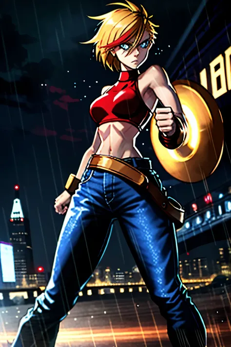 maryms,Best quality,(Beauty),Masterpiece,  1girll,physically-based renderingt ,Ultra-high resolution,Narrow waist, Skinny,Big eyes,Long legs,(Small breasts),Puffy eyes, Night,(rainy city), Shiny skin, facingviewer, Fighting stance, (hold fists),Firm expres...